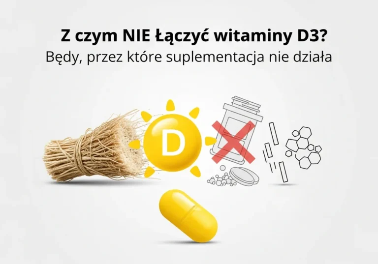 Grafika z witaminą D3, pęczkiem słomy symbolizującym błonnik oraz przekreślonymi lekami, obrazująca błędy w suplementacji.