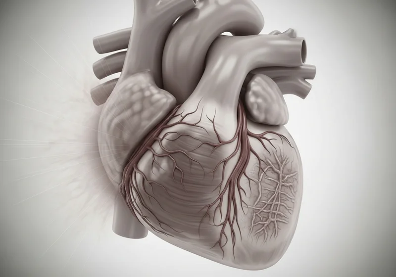 Anatomiczny model ludzkiego serca z widocznym układem naczyń wieńcowych na tle włókniejącego mięśnia sercowego.