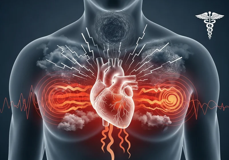 Anatomiczny model serca w klatce piersiowej otoczony symbolami stresu, wyładowań elektrycznych i fal bólowych.
