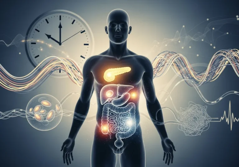 Sylwetka człowieka z podświetlonymi narządami trawiennymi, zegarem i symbolami glukozy, ilustrująca procesy metaboliczne.