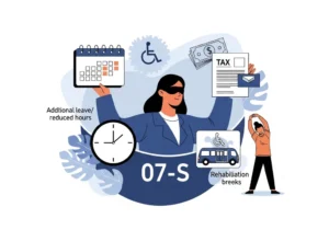 Ilustracja uprawnień pracownika z orzeczeniem 07-S: urlop, krótszy czas pracy, ulgi podatkowe i przerwy rehabilitacyjne.
