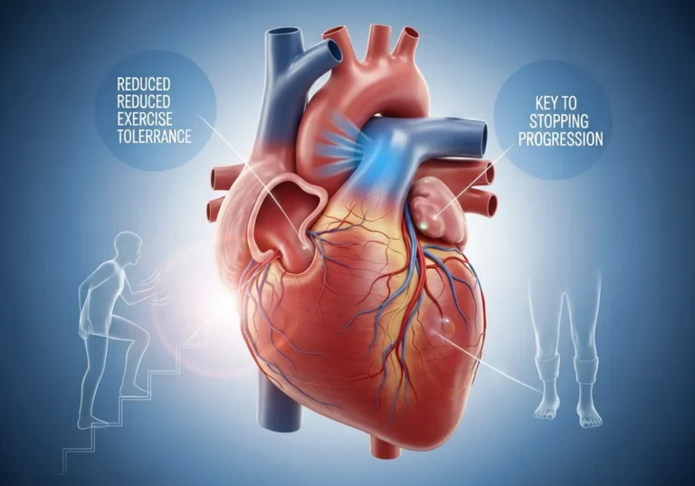 Anatomiczny model serca z ikonami zmęczenia przy wysiłku i obrzęków nóg jako sygnały wczesnej niewydolności serca.
