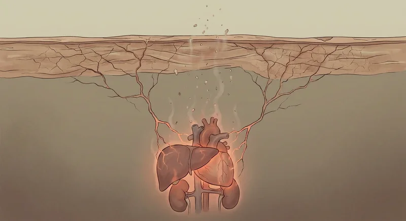 Metaforyczna ilustracja: podziemne korzenie niszczące glebę, połączone z tlącymi się narządami (sercem, wątrobą i nerkami).