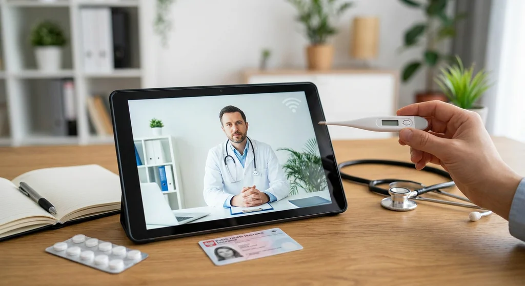 Tablet z lekarzem na ekranie podczas e-wizyty, obok leki, stetoskop, dowód osobisty i dłoń trzymająca termometr.