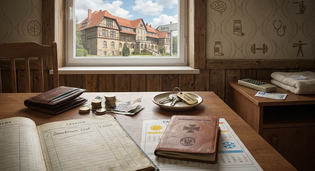 Biurko z otwartą księgą opłat „Sanatorium Cost”, monetami, kluczami i widokiem z okna na zabytkowy budynek uzdrowiska.