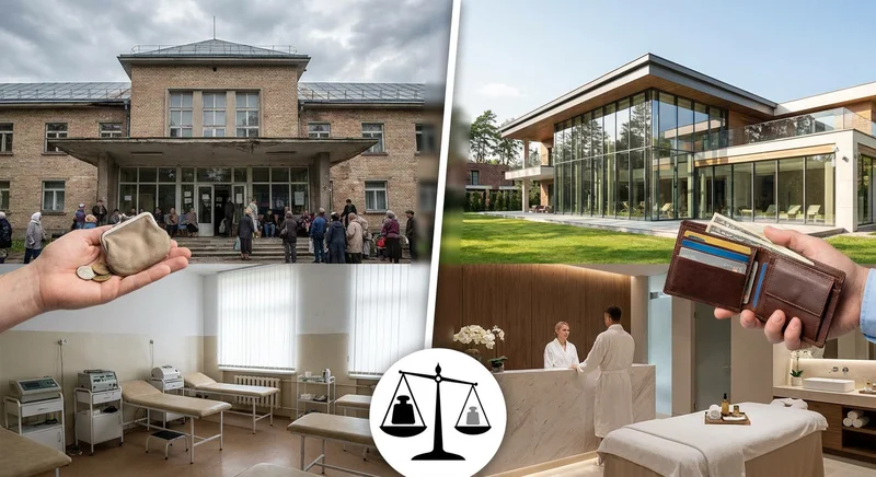 Kontrast między skromnym sanatorium z NFZ a luksusowym prywatnym ośrodkiem, zilustrowany portfelami o różnej zawartości.