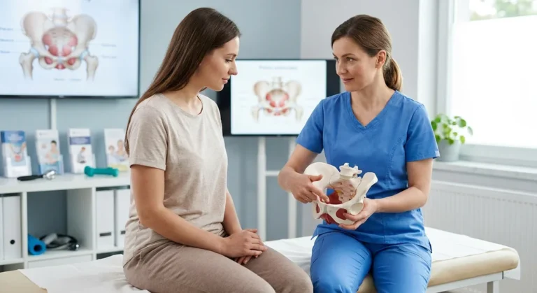 Urofizjoterapeutka w niebieskim stroju medycznym pokazuje pacjentce anatomiczny model miednicy podczas konsultacji.