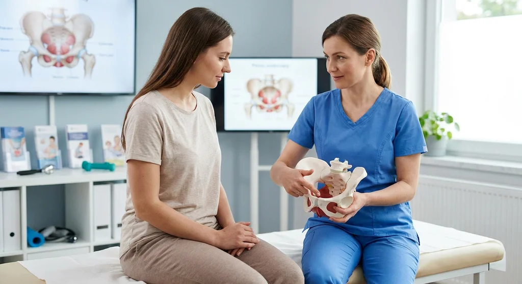 Urofizjoterapeutka w niebieskim stroju medycznym pokazuje pacjentce anatomiczny model miednicy podczas konsultacji.