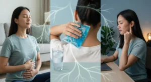 Kobieta wykonująca trzy ćwiczenia stymulujące nerw błędny: głęboki oddech, chłodzenie karku kompresem i masaż ucha.