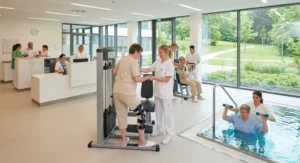 Pacjenci ćwiczący z fizjoterapeutami w nowoczesnej sali rehabilitacyjnej z basenem i widokiem na park.