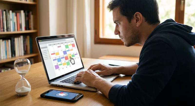 Mężczyzna skupiony na planowaniu terminów w kalendarzu online na laptopie, obok leży telefon i klepsydra.
