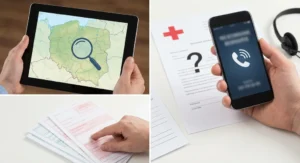 Kolaż: tablet z mapą Polski i lupą, dłoń dzwoniąca na infolinię przy dokumentach medycznych oraz dłoń wskazująca formularz.