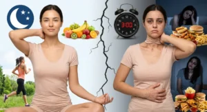 Porównanie zdrowego stylu życia z objawami wysokiego kortyzolu: bezsennością, trądzikiem, otyłością brzuszną i apetytem na fast food.