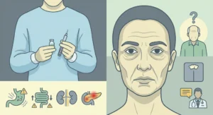 Infografika o skutkach semaglutydu: aplikacja leku, powikłania narządowe oraz zmęczenie i utrata objętości twarzy.