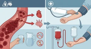 Infografika o skutkach gęstej krwi (zawał, udar), zaleceniach (nawadnianie, rzucenie palenia) i leku u lekarza (upust krwi).