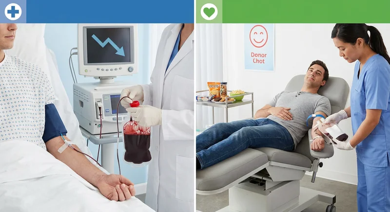 Porównanie klinicznego upustu krwi u pacjenta na łóżku szpitalnym z dobrowolnym oddawaniem krwi przez dawcę na fotelu.