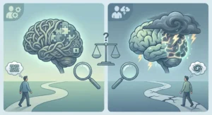 Porównanie zaburzenia osobowości (mózg z puzzli z kłódką) i choroby psychicznej (mózg ogarnięty burzą z piorunami).