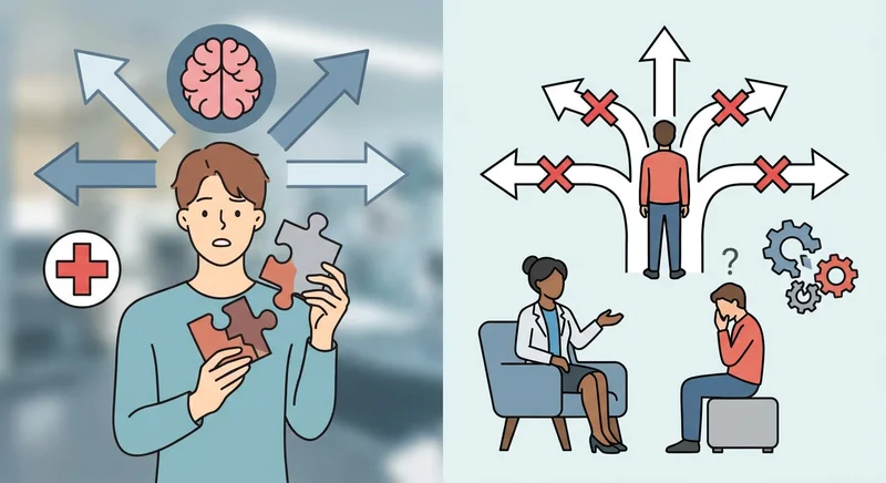Zagubiony mężczyzna z puzzlami i terapia jako symbole trudności z diagnozą i wyborem właściwej drogi leczenia.