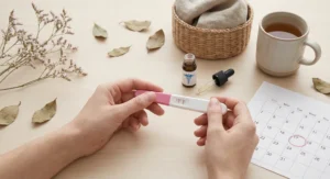 Dłonie trzymające pozytywny test ciążowy z dwiema kreskami na tle kalendarza z zaznaczoną datą.