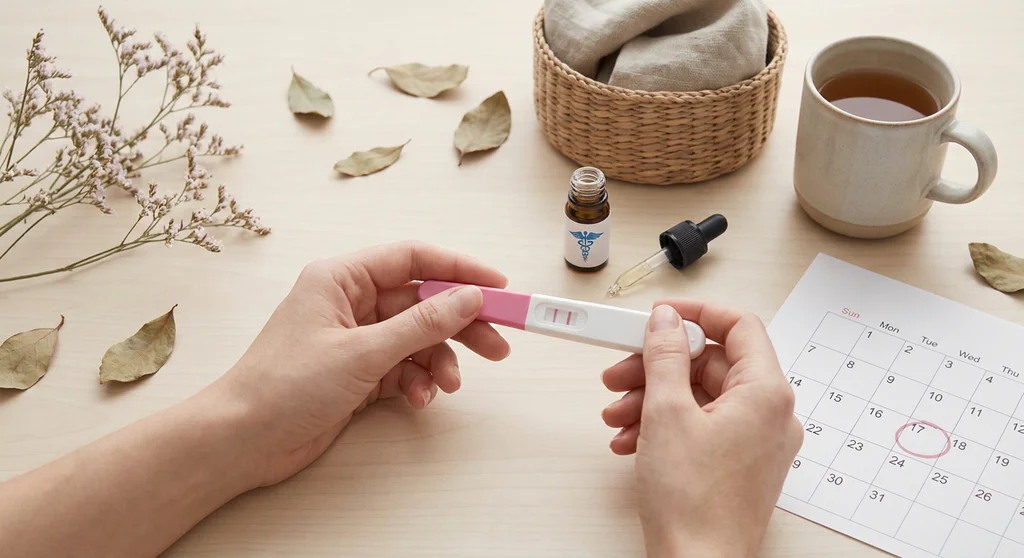 Dłonie trzymające pozytywny test ciążowy z dwiema kreskami na tle kalendarza z zaznaczoną datą.
