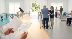 Dłonie trzymające orzeczenie o niepełnosprawności na tle sali rehabilitacyjnej z ćwiczącymi pacjentami.