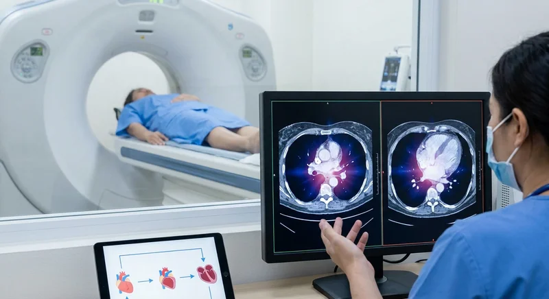Lekarka analizująca badanie tomografii komputerowej klatki piersiowej z widoczną sylwetką serca.