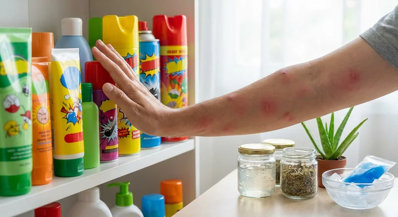 Ręka z bąblami po ukąszeniach odpycha chemiczne preparaty, wybierając naturalne sposoby łagodzenia świądu.