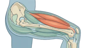 Anatomiczny schemat nogi z wyróżnionym na pomarańczowo mięśniem czworogłowym na przedniej części uda.