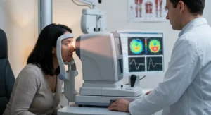 Kobieta przechodzi komputerowe badanie wzroku u okulisty obsługującego aparat diagnostyczny.