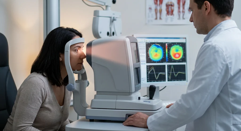 Kobieta przechodzi komputerowe badanie wzroku u okulisty obsługującego aparat diagnostyczny.