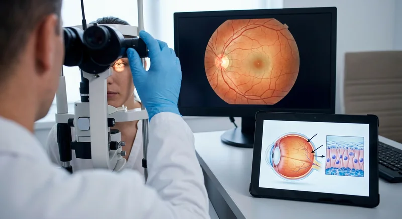 Okulista bada pacjentkę lampą szczelinową. W tle monitor z obrazem dna oka i tablet ze schematem budowy siatkówki.