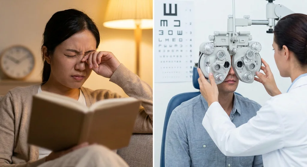 Kobieta trze zmęczone oczy podczas czytania oraz mężczyzna w trakcie profesjonalnego badania wzroku u okulisty.