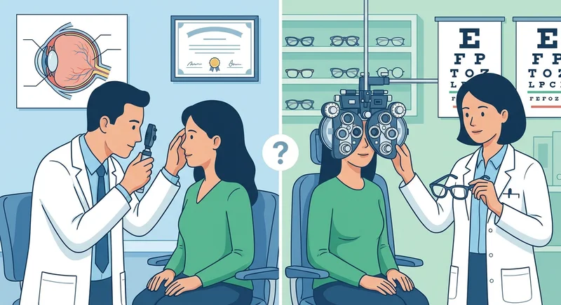 Porównanie badania u okulisty z oftalmoskopem (po lewej) oraz u optometrysty z użyciem foroptera (po prawej).