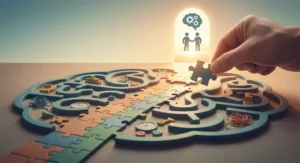 Dłoń układa puzzel w labiryncie mózgu, tworząc ścieżkę do zrozumienia i profesjonalnego wsparcia.