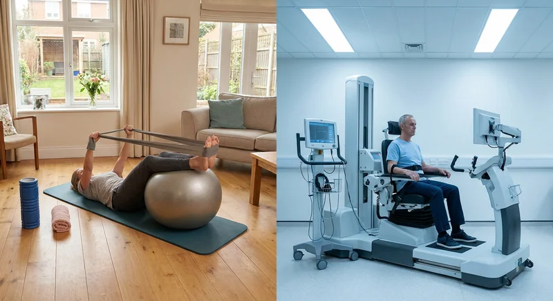 Kobieta ćwicząca w domu z piłką i taśmą oraz mężczyzna na zaawansowanym urządzeniu rehabilitacyjnym w klinice.