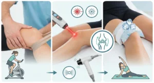 Metody rehabilitacji kolana: terapia manualna, ćwiczenia, laseroterapia, fala uderzeniowa i krioterapia.