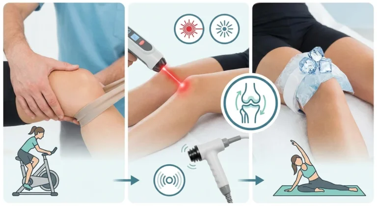Metody rehabilitacji kolana: terapia manualna, ćwiczenia, laseroterapia, fala uderzeniowa i krioterapia.