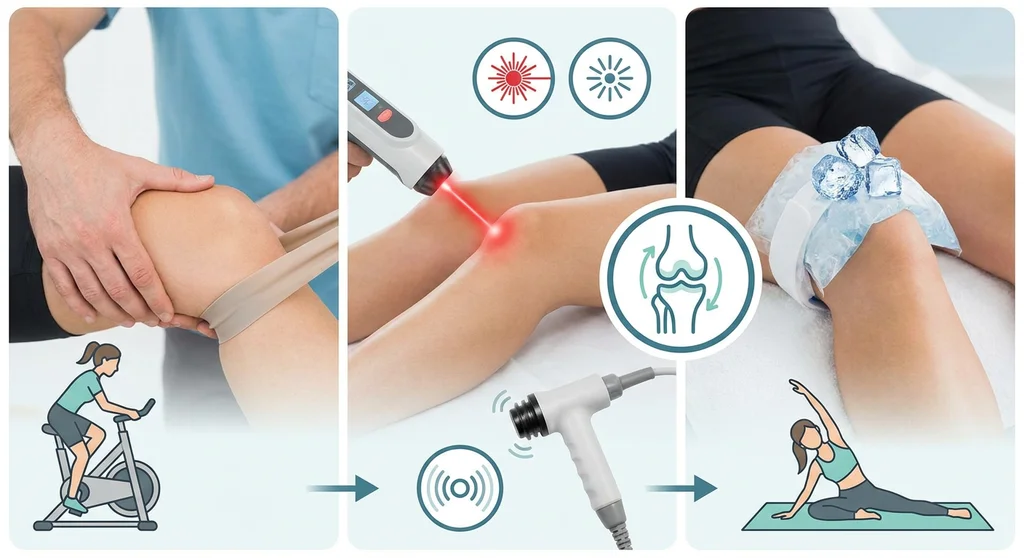 Metody rehabilitacji kolana: terapia manualna, ćwiczenia, laseroterapia, fala uderzeniowa i krioterapia.