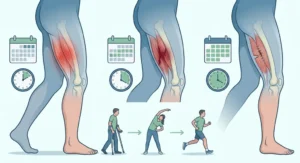 Trzy stopnie uszkodzenia mięśnia dwugłowego: naciągnięcie, naderwanie i zerwanie, oraz etapy rehabilitacji.