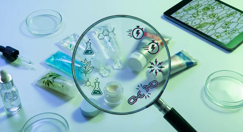 Maści i żele pod lupą ukazującą symbole składu chemicznego i ekspresowej odbudowy.