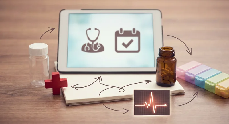 Tablet z ikoną lekarza, kalendarz, leki i wykres EKG połączone strzałkami ilustrujące schemat leczenia.