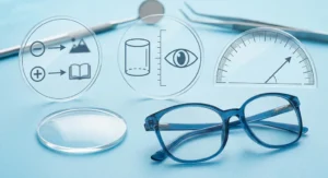 Graficzne objaśnienie parametrów SPH (sfera), CYL (cylinder) i AXIS (oś) na tle okularów i soczewki.