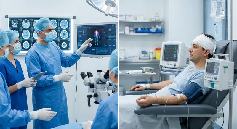 Konsylium lekarskie omawiające wyniki badań mózgu oraz pacjent z owiniętą głową podłączony do aparatury.