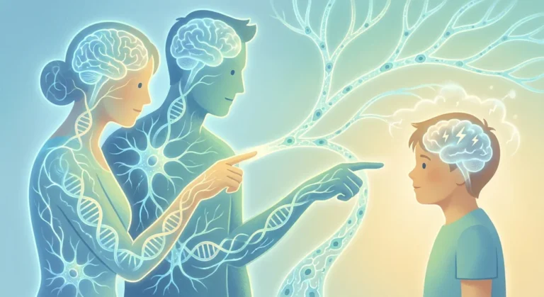 Rodzice z widocznym DNA przekazujący predyspozycje dziecku z symbolem wyładowań elektrycznych w mózgu.