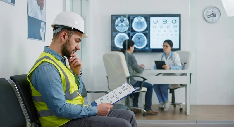 Pracownik w kasku i kamizelce analizuje test psychotechniczny w poczekalni gabinetu lekarskiego.