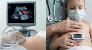 Badanie USG z monitorem tętna płodu oraz lekarz badający pulsoksymetrem dziecko w maseczce.