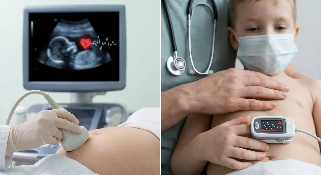 Badanie USG z monitorem tętna płodu oraz lekarz badający pulsoksymetrem dziecko w maseczce.