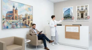 Lekarka przy recepcji wskazuje zdjęcia gabinetów medycznych w Krakowie, w poczekalni siedzi pacjent.