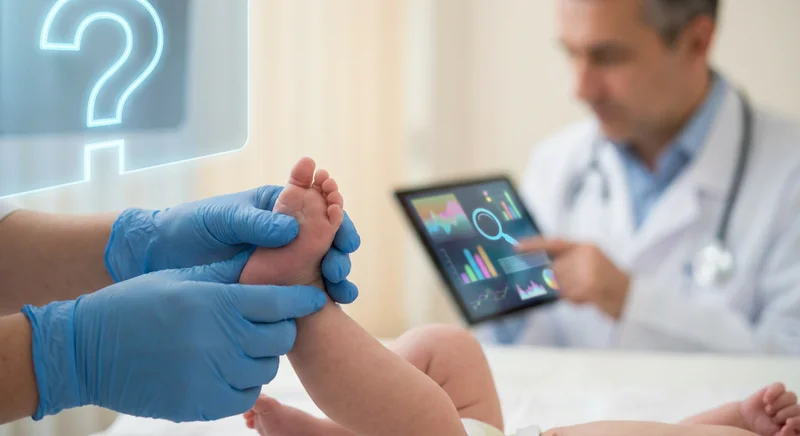 Badanie stopy niemowlęcia przez lekarza i analiza wyników diagnostycznych na tablecie.